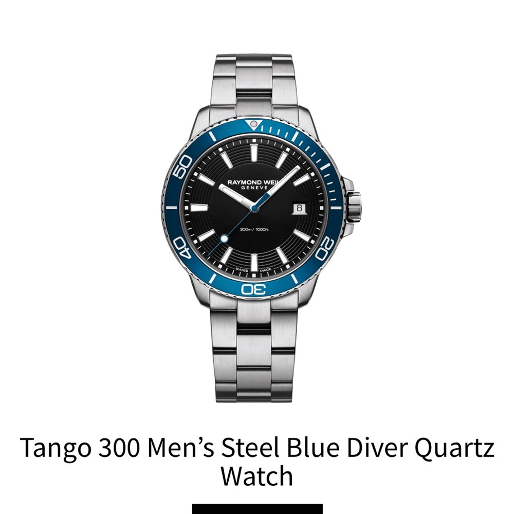 Raymond Weil Silver Watch with Black Dial and Blue Bezel